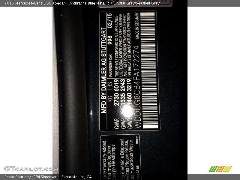 Anthracite Blue Metallic / Crystal Grey/Seashell Grey 2015 Mercedes-Benz S 550 Sedan