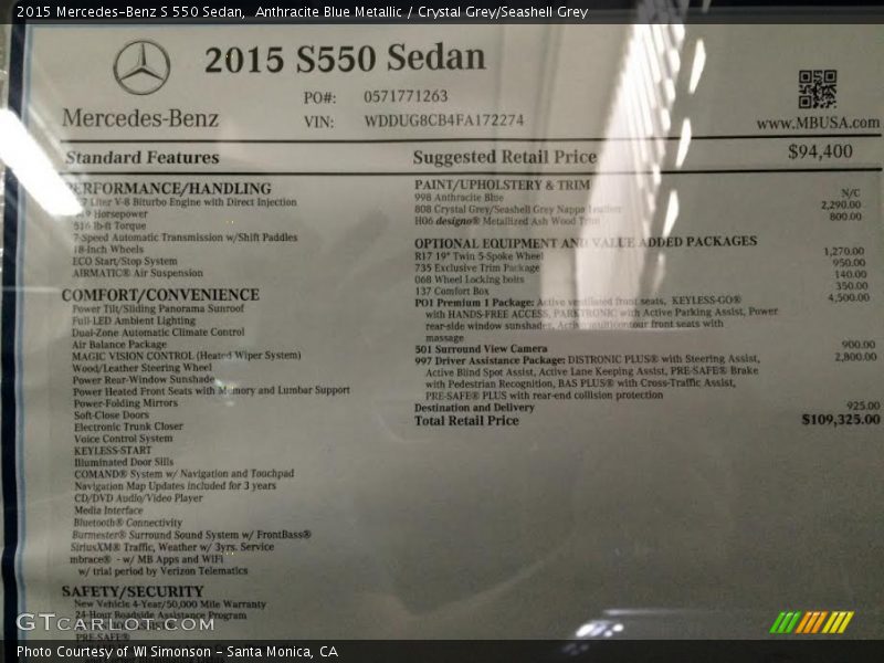 Anthracite Blue Metallic / Crystal Grey/Seashell Grey 2015 Mercedes-Benz S 550 Sedan