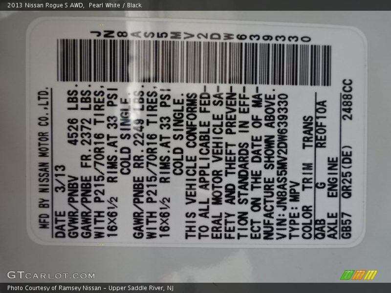 Pearl White / Black 2013 Nissan Rogue S AWD
