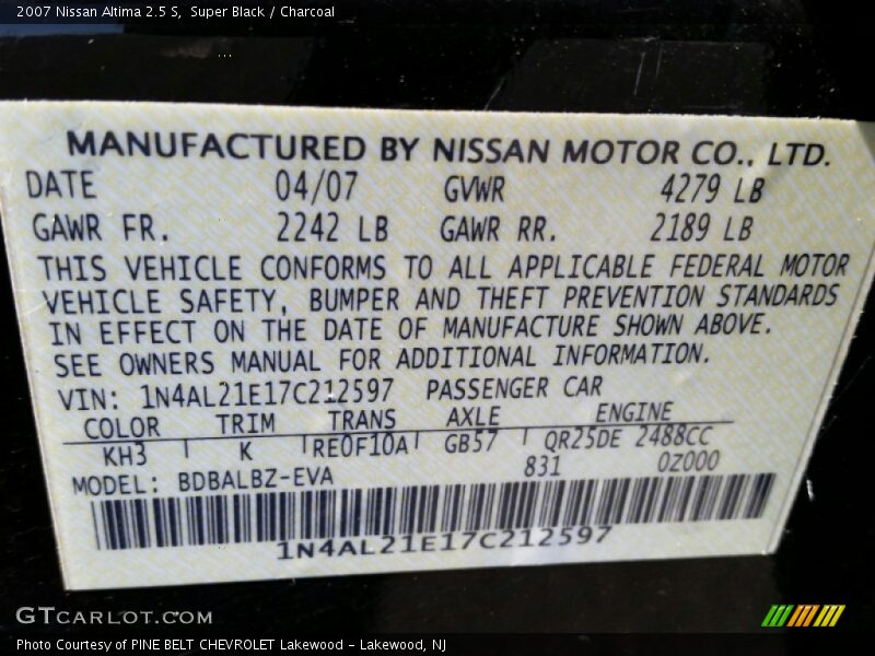 Super Black / Charcoal 2007 Nissan Altima 2.5 S