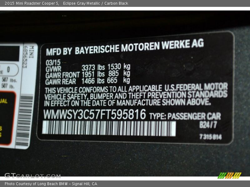 2015 Roadster Cooper S  Eclipse Gray Metallic Color Code B24
