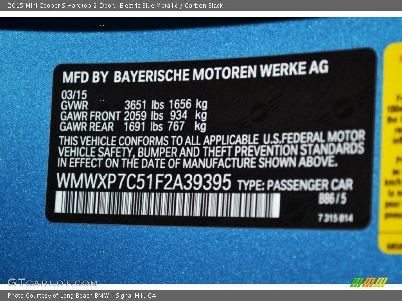 Electric Blue Metallic / Carbon Black 2015 Mini Cooper S Hardtop 2 Door