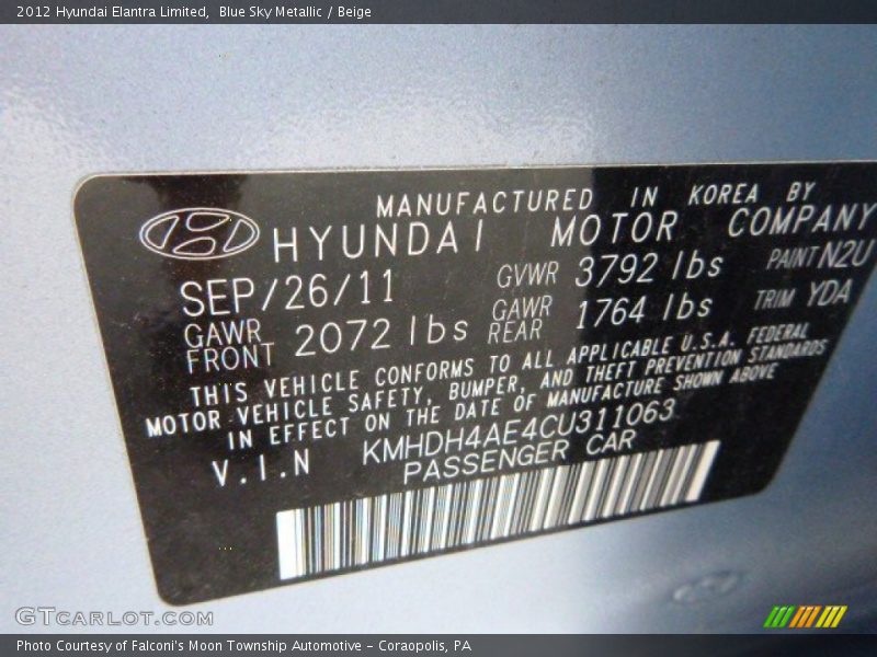 Blue Sky Metallic / Beige 2012 Hyundai Elantra Limited