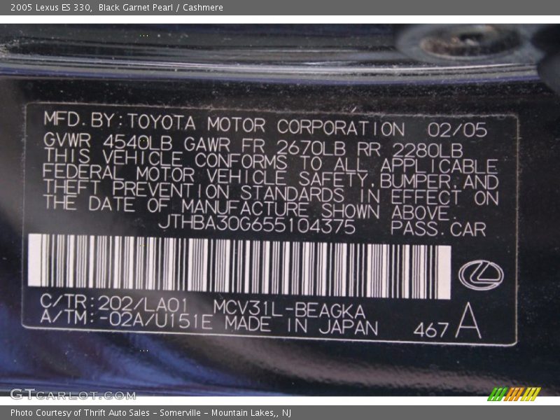 Black Garnet Pearl / Cashmere 2005 Lexus ES 330