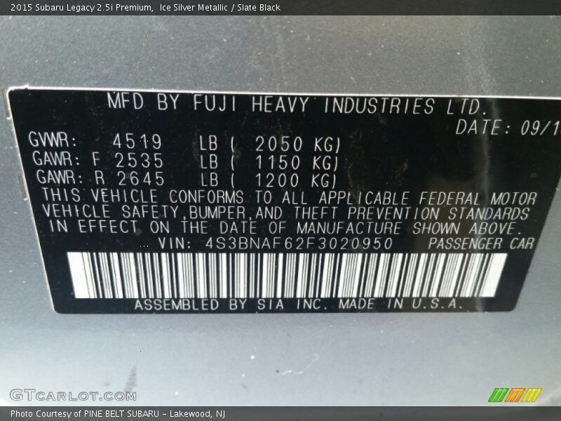 Ice Silver Metallic / Slate Black 2015 Subaru Legacy 2.5i Premium