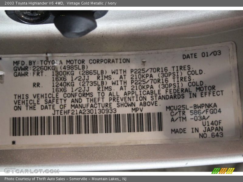 Vintage Gold Metallic / Ivory 2003 Toyota Highlander V6 4WD