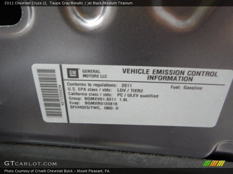 Taupe Gray Metallic / Jet Black/Medium Titanium 2011 Chevrolet Cruze LS