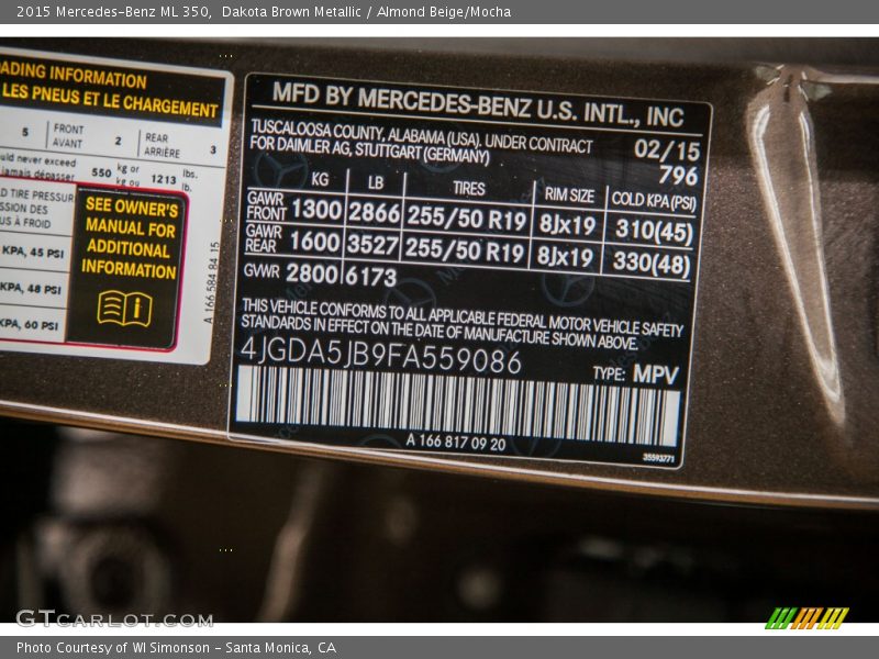 Dakota Brown Metallic / Almond Beige/Mocha 2015 Mercedes-Benz ML 350