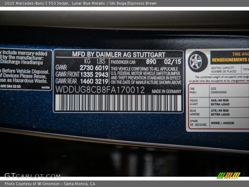 Lunar Blue Metallic / Silk Beige/Espresso Brown 2015 Mercedes-Benz S 550 Sedan