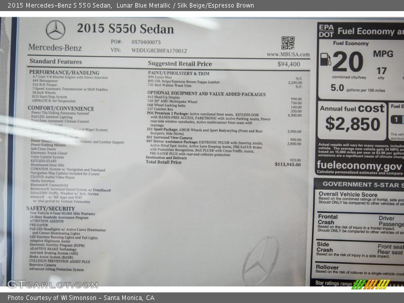 Lunar Blue Metallic / Silk Beige/Espresso Brown 2015 Mercedes-Benz S 550 Sedan