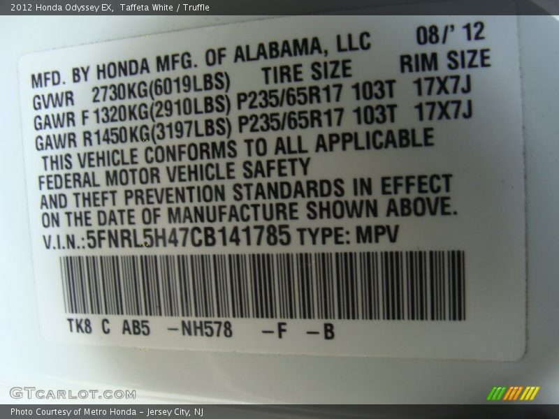 Taffeta White / Truffle 2012 Honda Odyssey EX