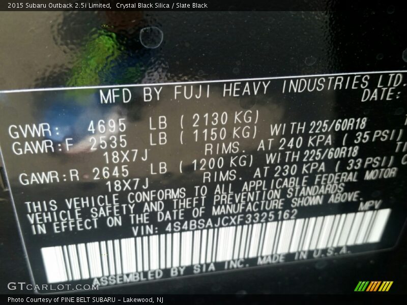 Crystal Black Silica / Slate Black 2015 Subaru Outback 2.5i Limited