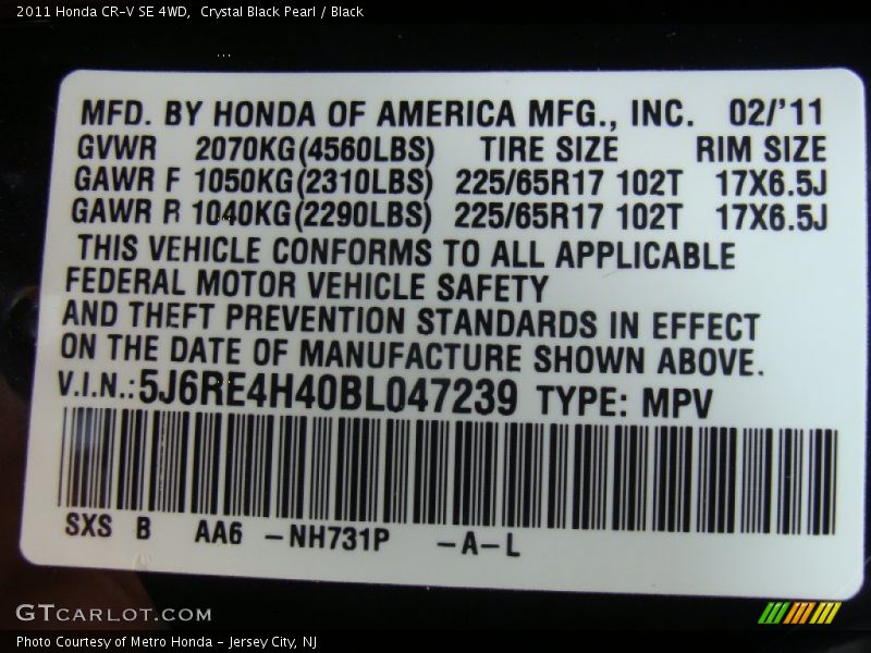 Crystal Black Pearl / Black 2011 Honda CR-V SE 4WD