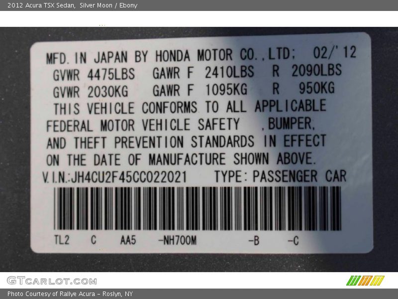 Silver Moon / Ebony 2012 Acura TSX Sedan