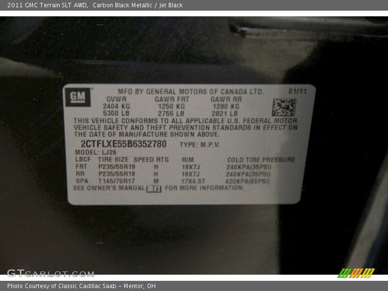 Carbon Black Metallic / Jet Black 2011 GMC Terrain SLT AWD