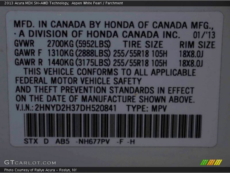 Aspen White Pearl / Parchment 2013 Acura MDX SH-AWD Technology