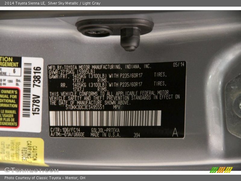 Silver Sky Metallic / Light Gray 2014 Toyota Sienna LE