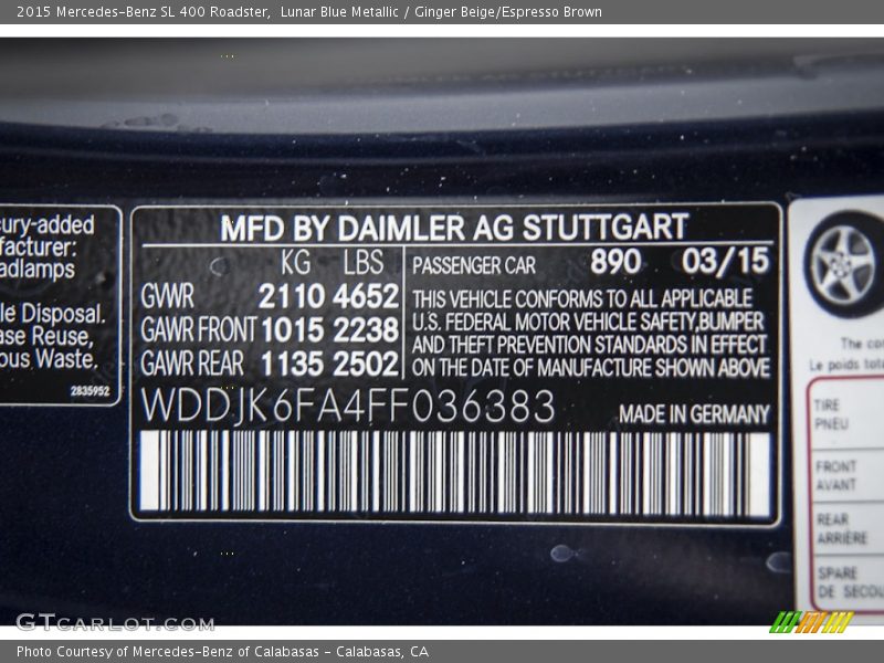 2015 SL 400 Roadster Lunar Blue Metallic Color Code 890