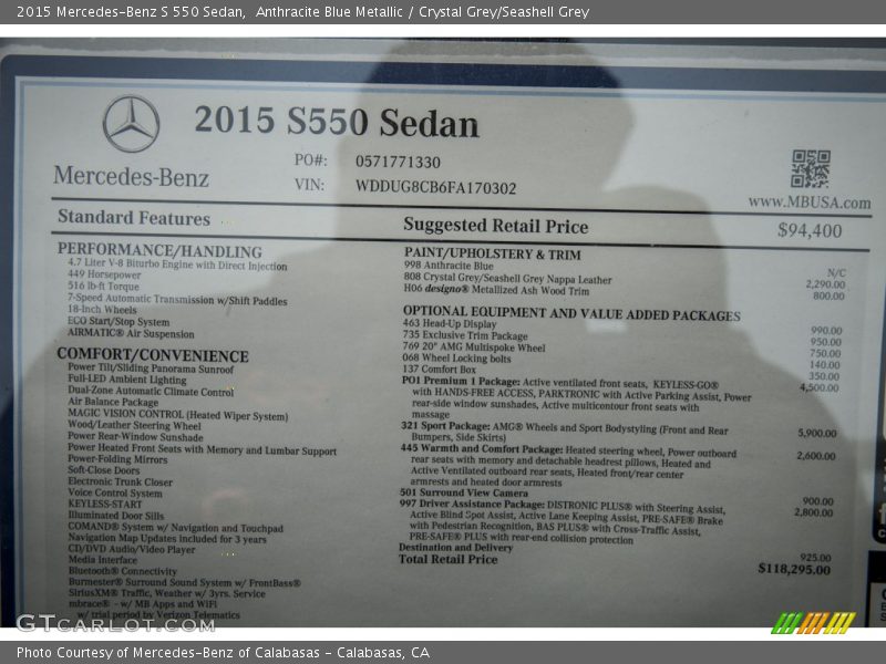 Anthracite Blue Metallic / Crystal Grey/Seashell Grey 2015 Mercedes-Benz S 550 Sedan