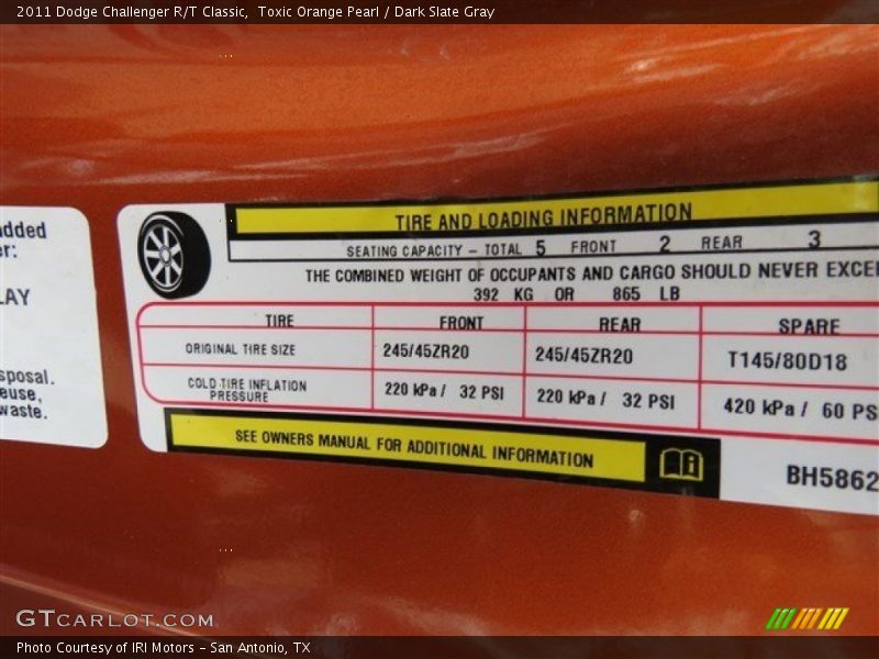 Toxic Orange Pearl / Dark Slate Gray 2011 Dodge Challenger R/T Classic