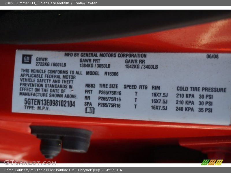 Solar Flare Metallic / Ebony/Pewter 2009 Hummer H3