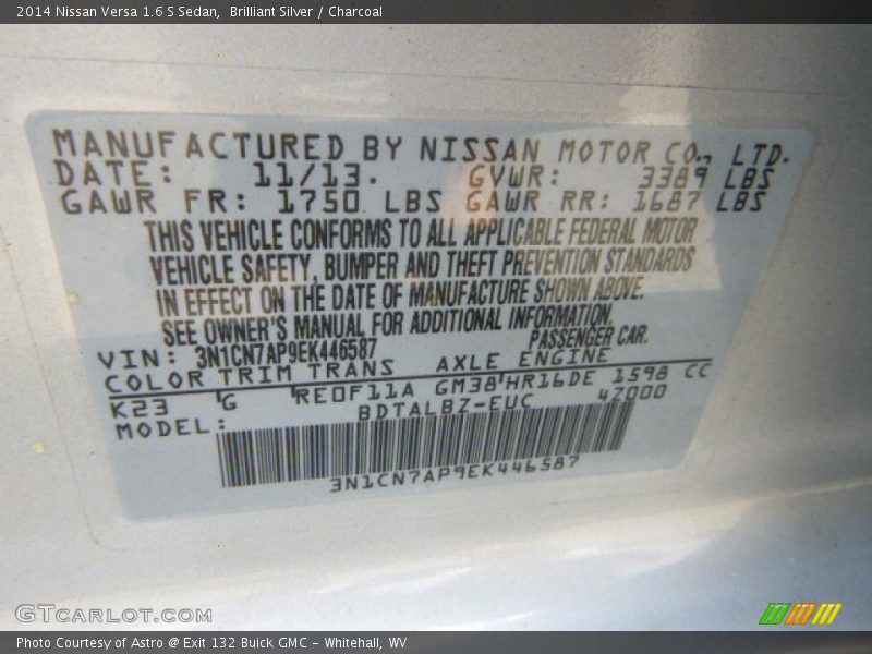 Brilliant Silver / Charcoal 2014 Nissan Versa 1.6 S Sedan