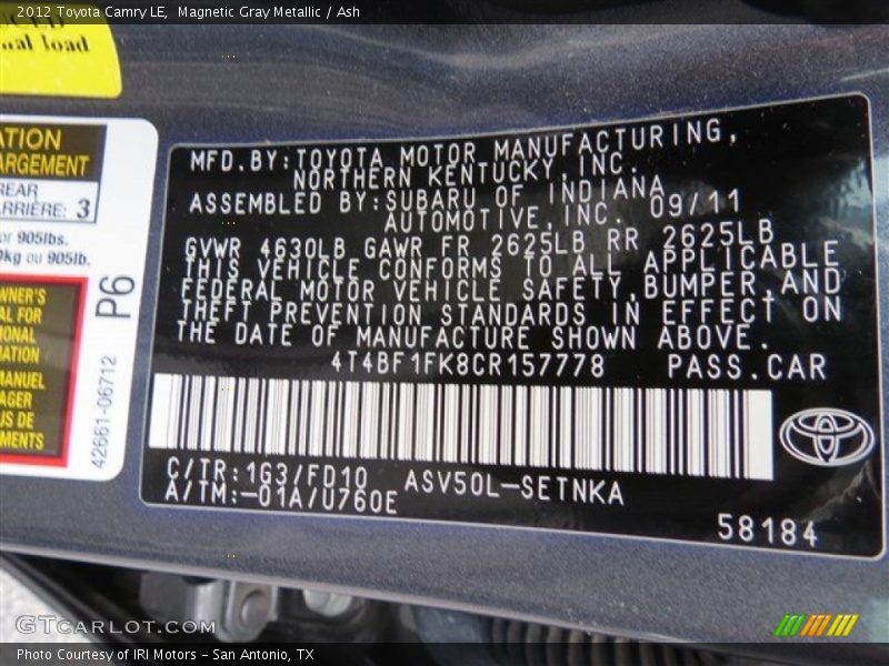 Magnetic Gray Metallic / Ash 2012 Toyota Camry LE