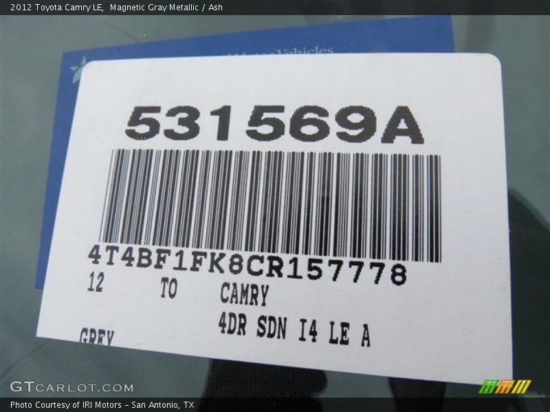 Magnetic Gray Metallic / Ash 2012 Toyota Camry LE