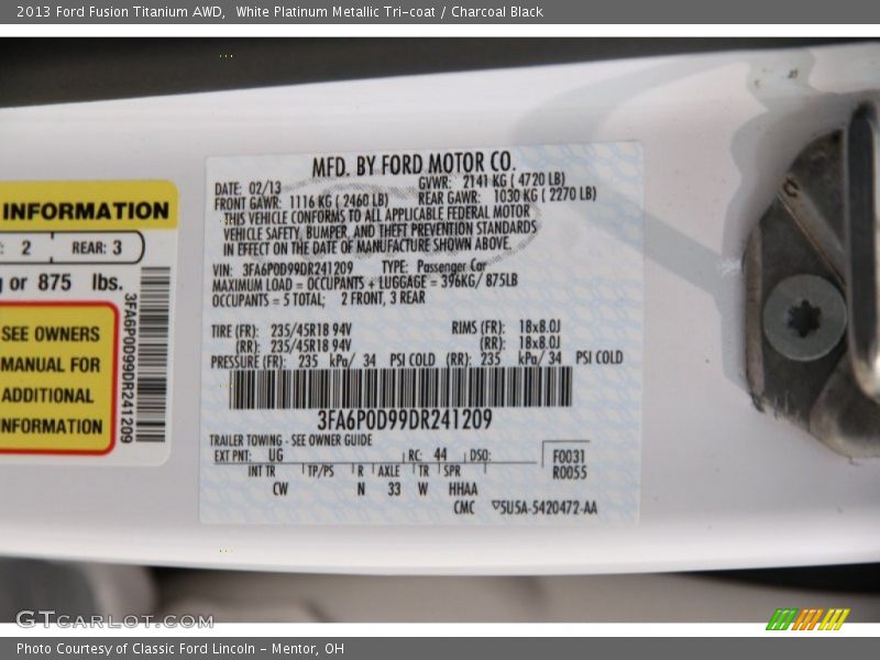 White Platinum Metallic Tri-coat / Charcoal Black 2013 Ford Fusion Titanium AWD