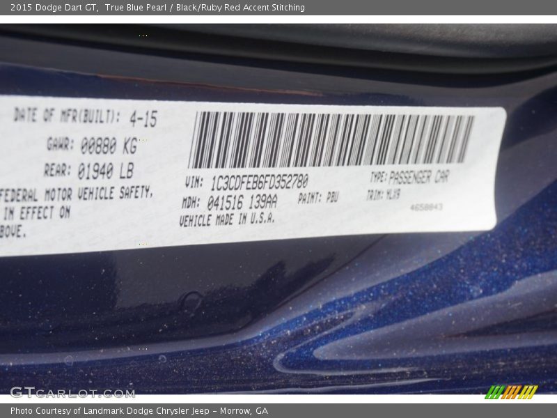 True Blue Pearl / Black/Ruby Red Accent Stitching 2015 Dodge Dart GT
