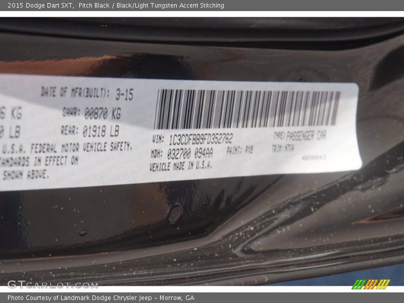 Pitch Black / Black/Light Tungsten Accent Stitching 2015 Dodge Dart SXT