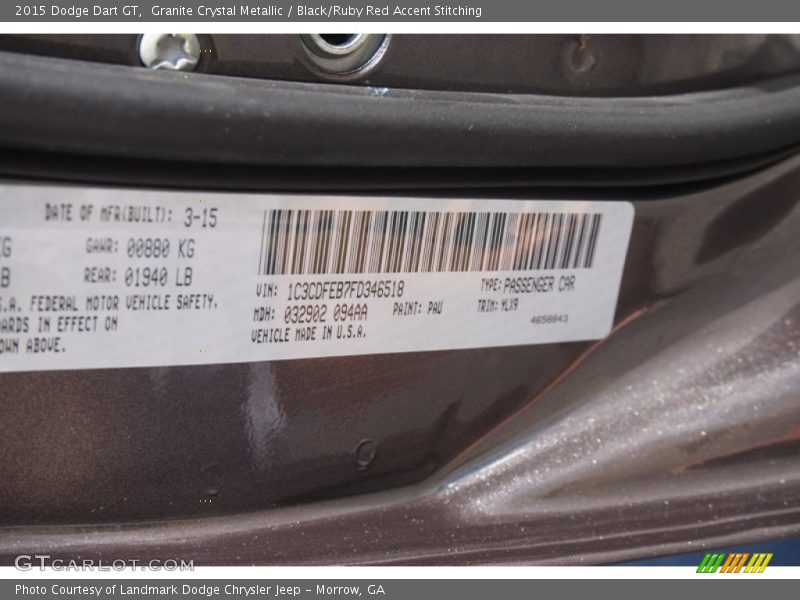 Granite Crystal Metallic / Black/Ruby Red Accent Stitching 2015 Dodge Dart GT