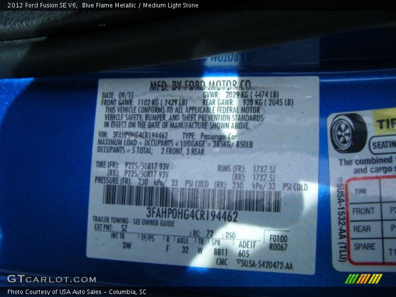 Blue Flame Metallic / Medium Light Stone 2012 Ford Fusion SE V6