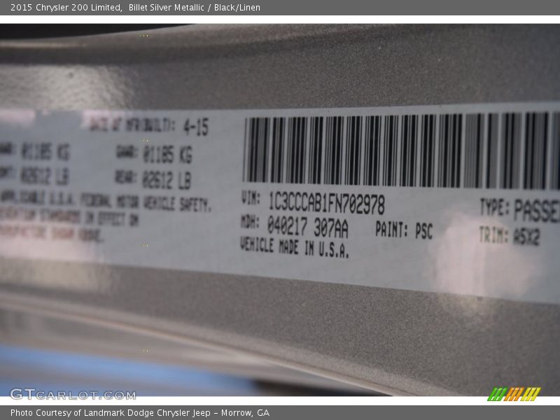 Billet Silver Metallic / Black/Linen 2015 Chrysler 200 Limited