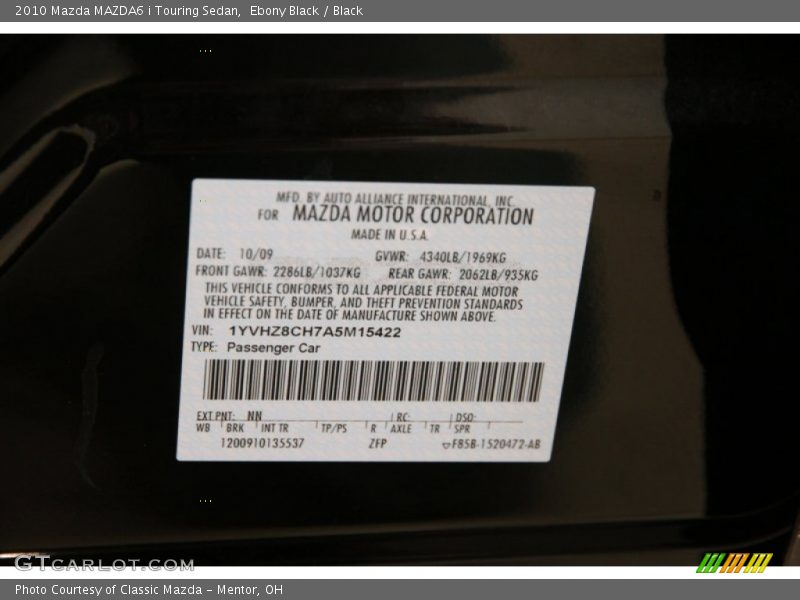 Ebony Black / Black 2010 Mazda MAZDA6 i Touring Sedan