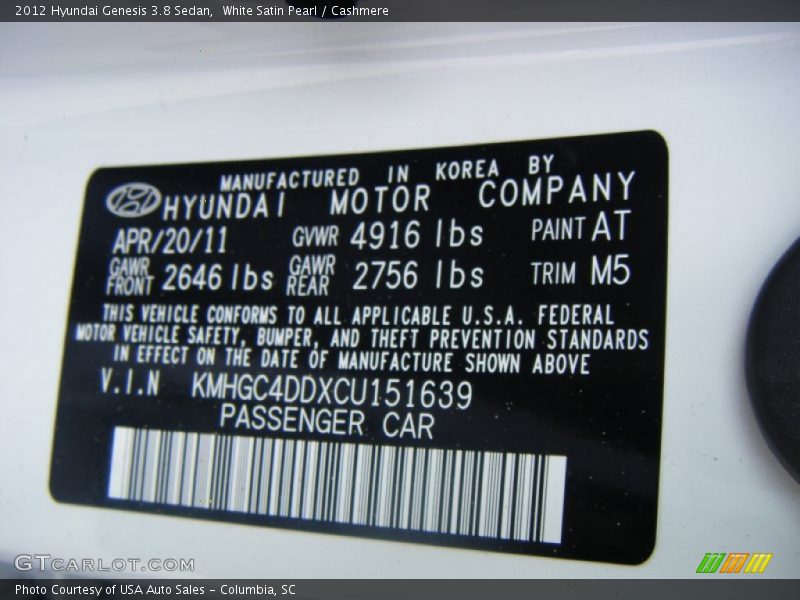 White Satin Pearl / Cashmere 2012 Hyundai Genesis 3.8 Sedan