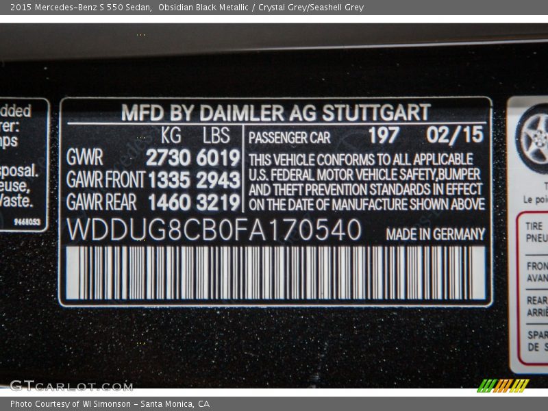 Obsidian Black Metallic / Crystal Grey/Seashell Grey 2015 Mercedes-Benz S 550 Sedan