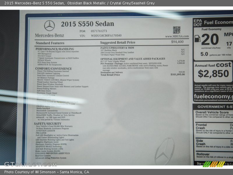 Obsidian Black Metallic / Crystal Grey/Seashell Grey 2015 Mercedes-Benz S 550 Sedan