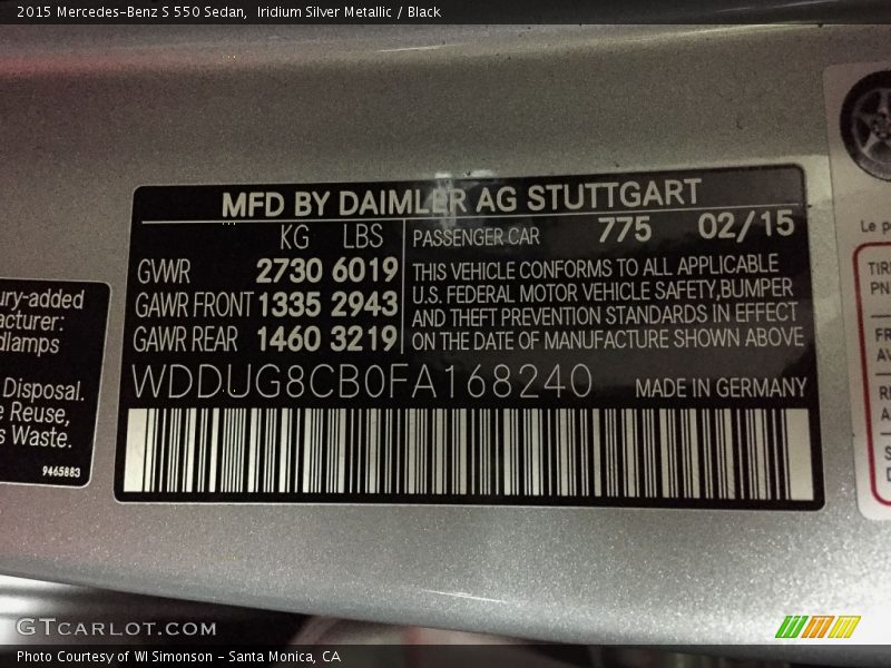 Iridium Silver Metallic / Black 2015 Mercedes-Benz S 550 Sedan