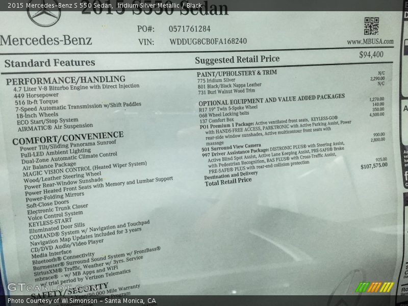 Iridium Silver Metallic / Black 2015 Mercedes-Benz S 550 Sedan