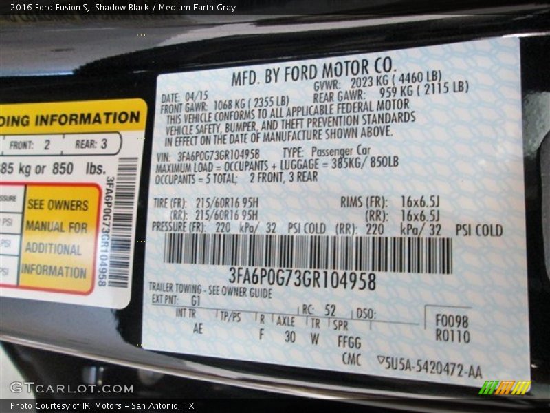 Shadow Black / Medium Earth Gray 2016 Ford Fusion S