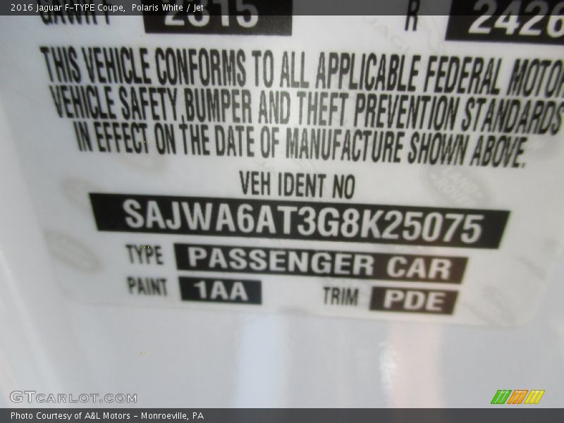 2016 F-TYPE Coupe Polaris White Color Code 1AA