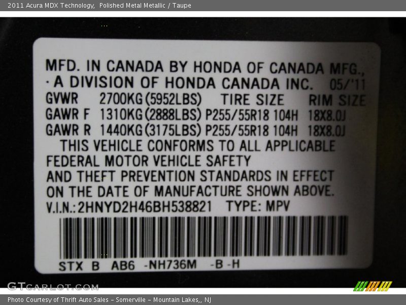 Polished Metal Metallic / Taupe 2011 Acura MDX Technology