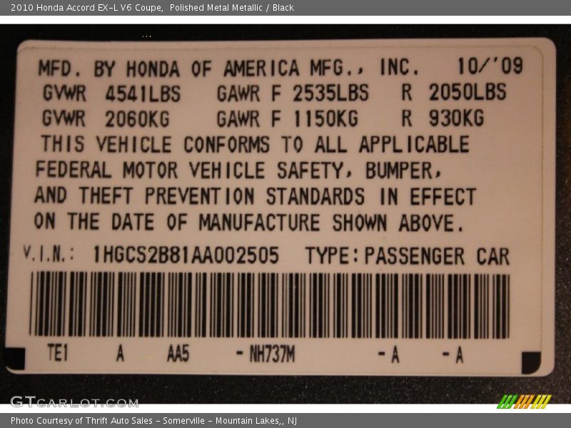 Polished Metal Metallic / Black 2010 Honda Accord EX-L V6 Coupe