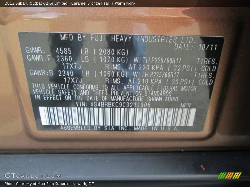Caramel Bronze Pearl / Warm Ivory 2012 Subaru Outback 2.5i Limited