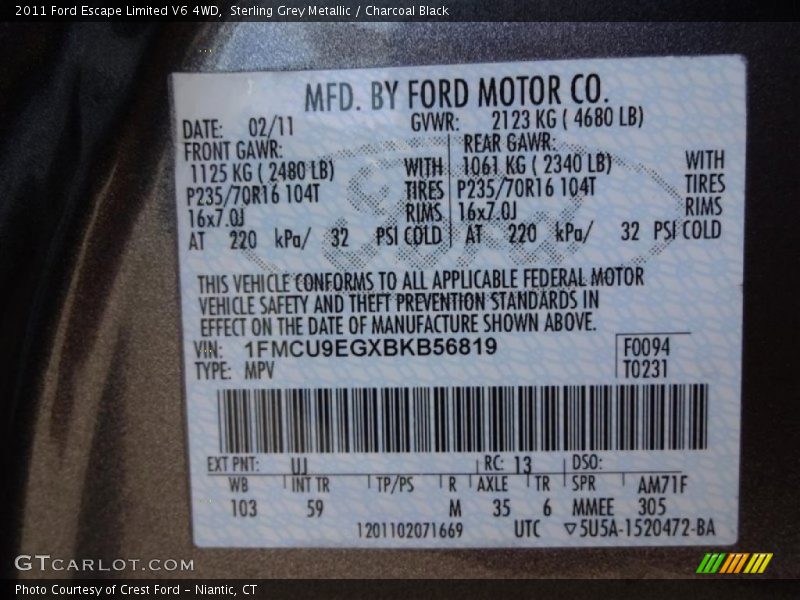 Sterling Grey Metallic / Charcoal Black 2011 Ford Escape Limited V6 4WD