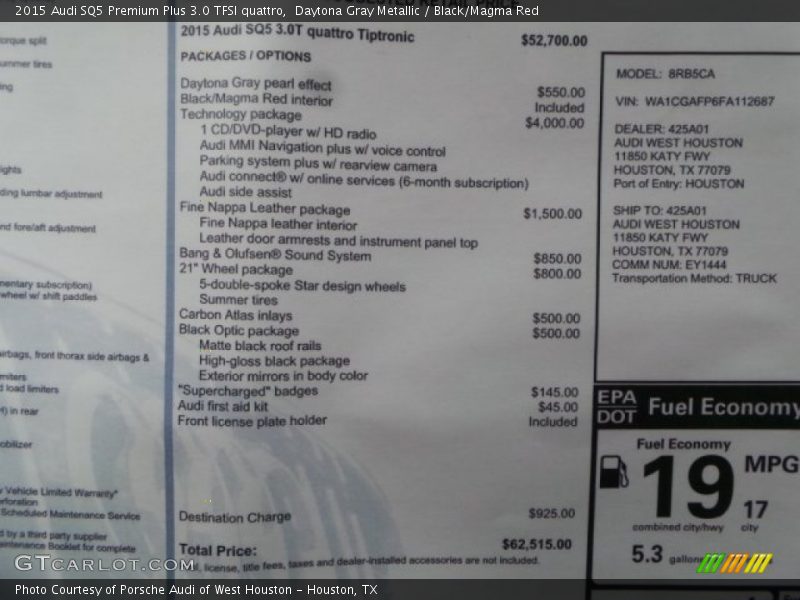 Daytona Gray Metallic / Black/Magma Red 2015 Audi SQ5 Premium Plus 3.0 TFSI quattro