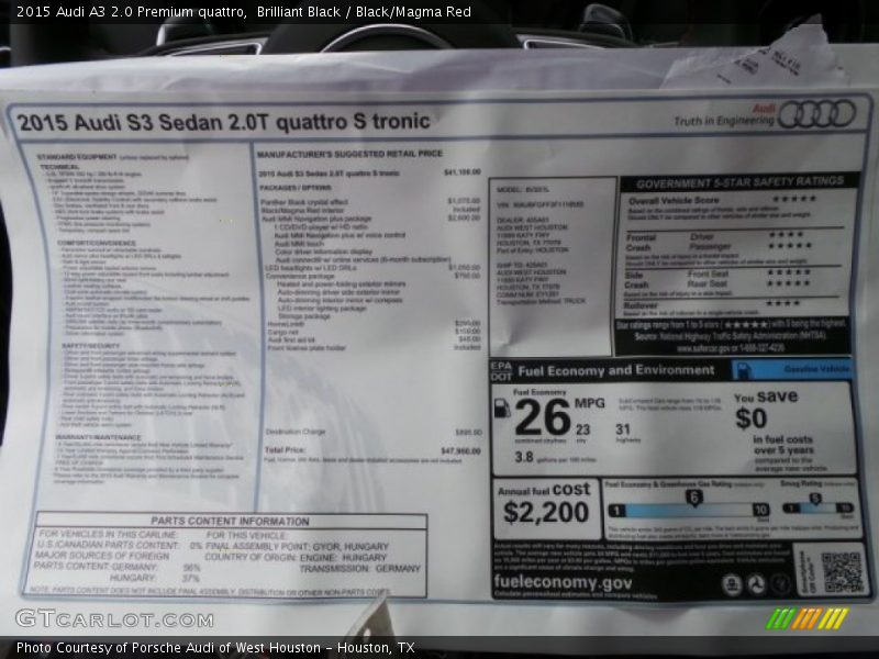 Brilliant Black / Black/Magma Red 2015 Audi A3 2.0 Premium quattro