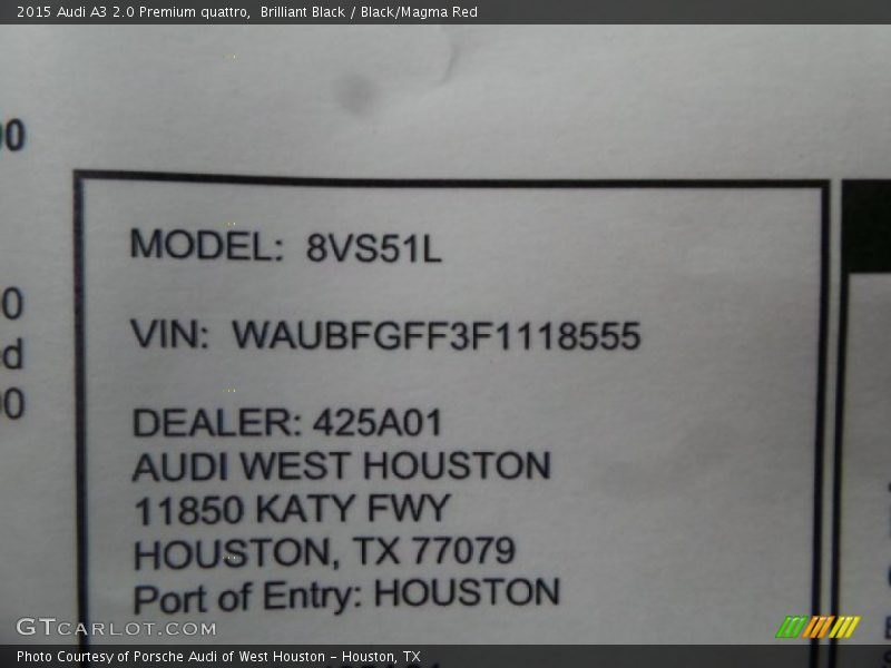 Brilliant Black / Black/Magma Red 2015 Audi A3 2.0 Premium quattro