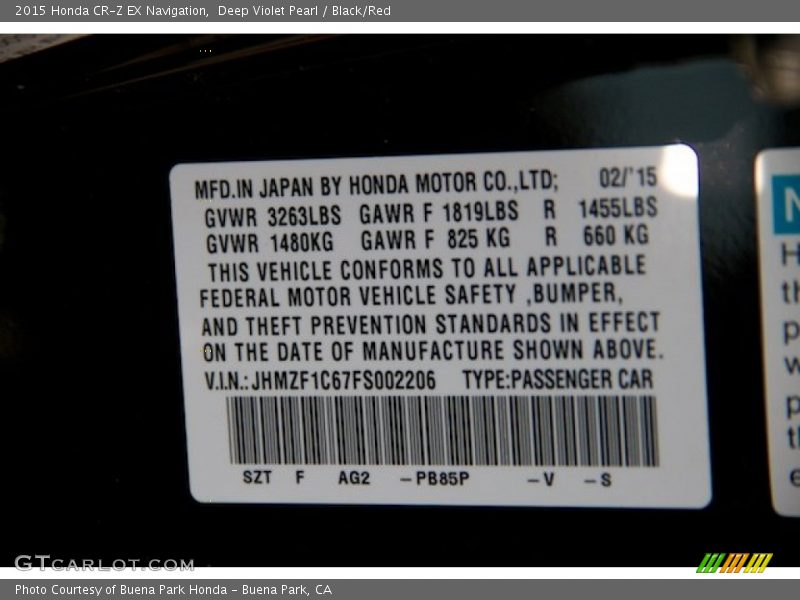 2015 CR-Z EX Navigation Deep Violet Pearl Color Code PB85P